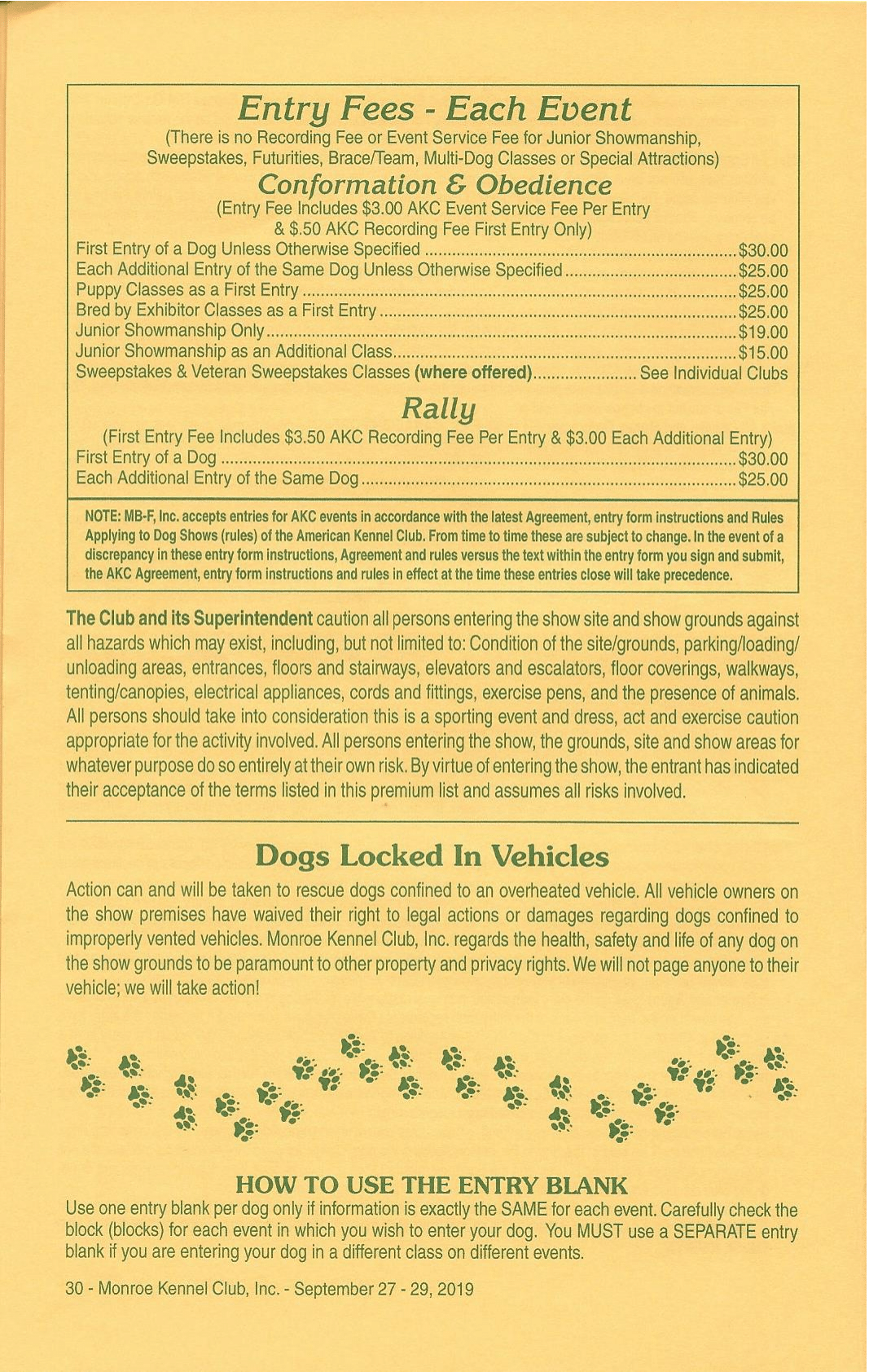 Entry Fees Each Event Monroe Kennel Club